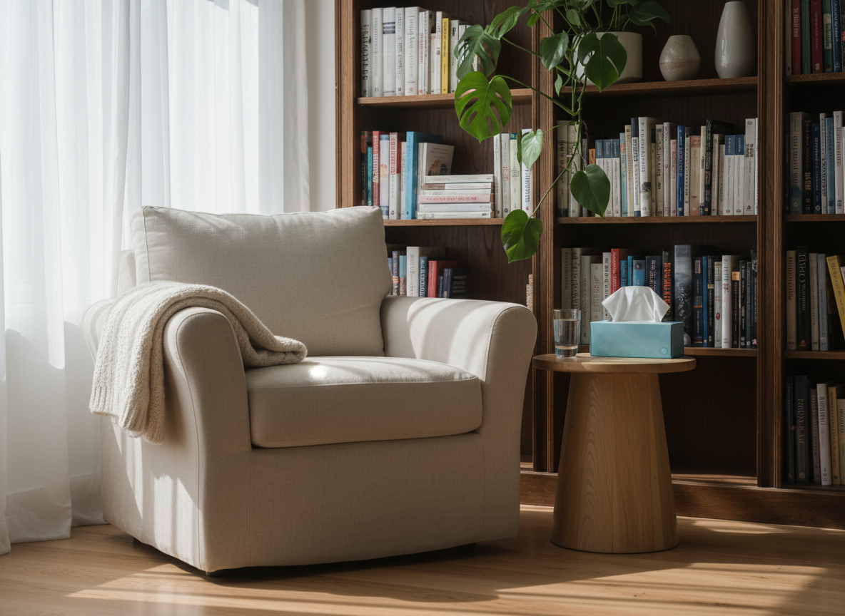 A neatly arranged cozy therapy corner without any people, featuring a soft beige armchair with a textured linen throw folded over the arm and a small round wooden side table holding a simple glass of water and a box of tissues. Behind, a tall bookcase with psychology books and a single leafy plant adds depth. Soft morning light filters through sheer white curtains, creating gentle highlights on the fabric and warm shadows on the wooden floor. Photographic realism at eye level, with a shallow depth of field that blurs the background slightly, conveying a calm, safe, and welcoming atmosphere ideal for women’s psychotherapy.