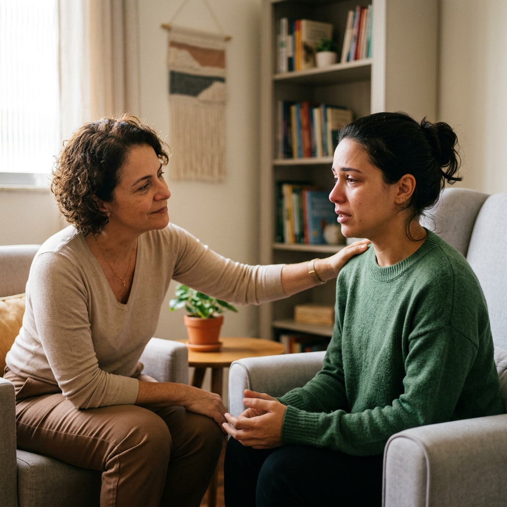 Woman consoling another woman who is crying in a living room