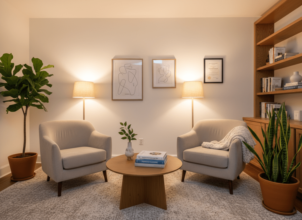 Consultório de psicologia acolhedor e profissional, com poltronas confortáveis em tons neutros, plantas, iluminação suave e organizada, transmitindo tranquilidade, acolhimento e técnica